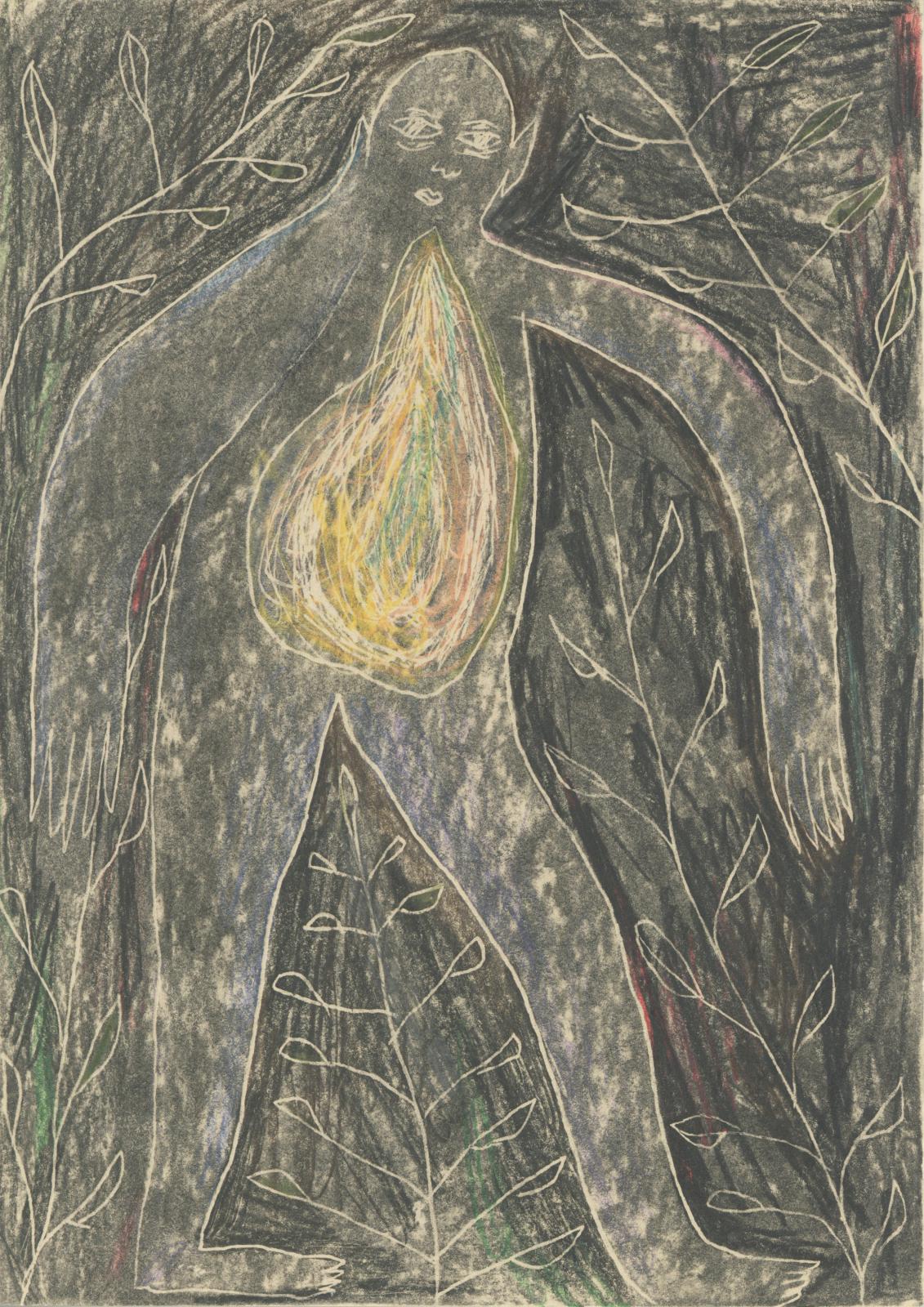 Gļeb(s) Maiboroda, Voice in my belly, 2022, Charcoal and oil pastel on paper, 21x15 c